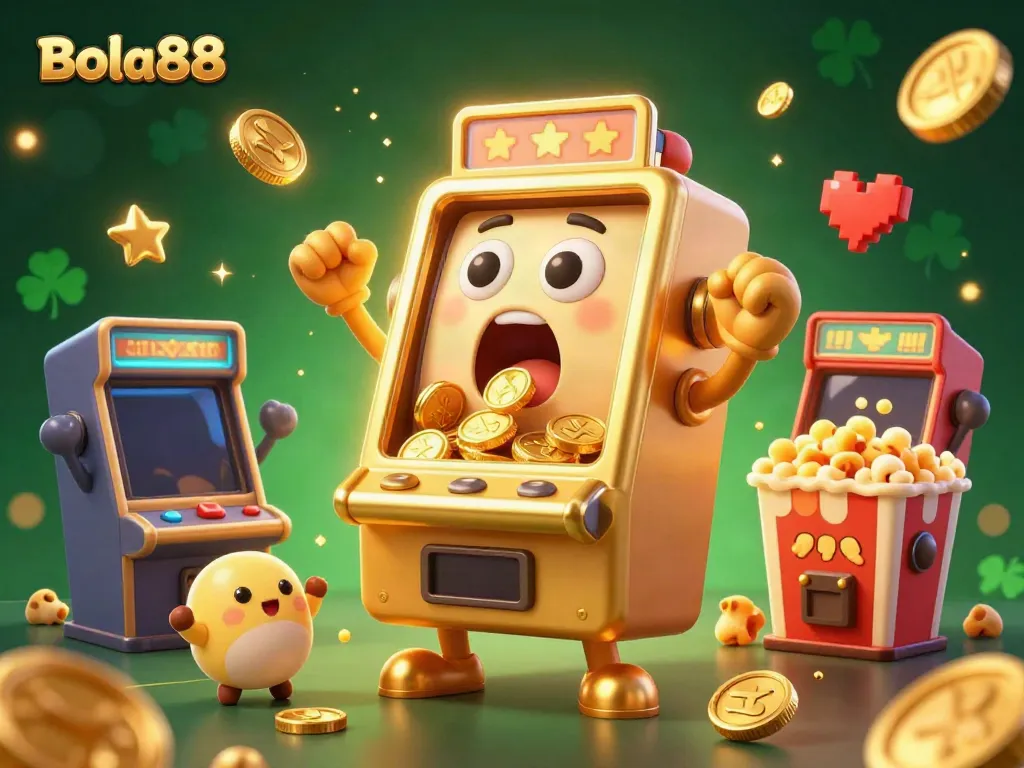 Bola88's animated golden slot machine celebrates a jackpot with coins flying in a vibrant casino scene.