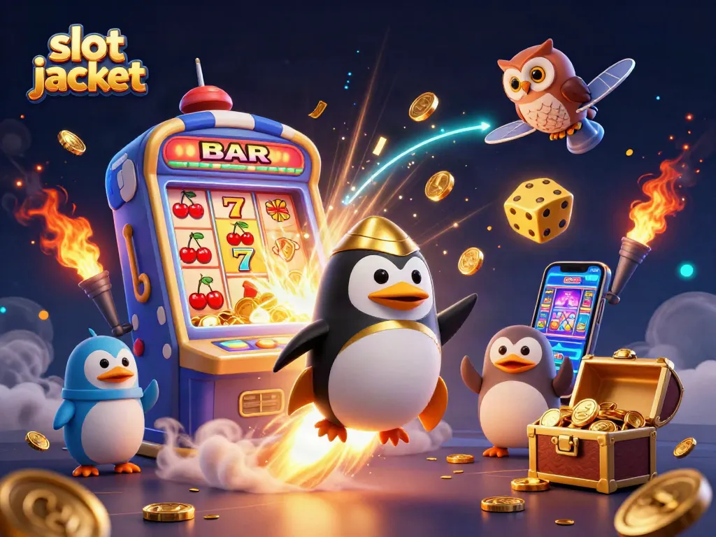 Spin the slot jackpot with a golden penguin and exploding symbols in a vibrant casino scene.