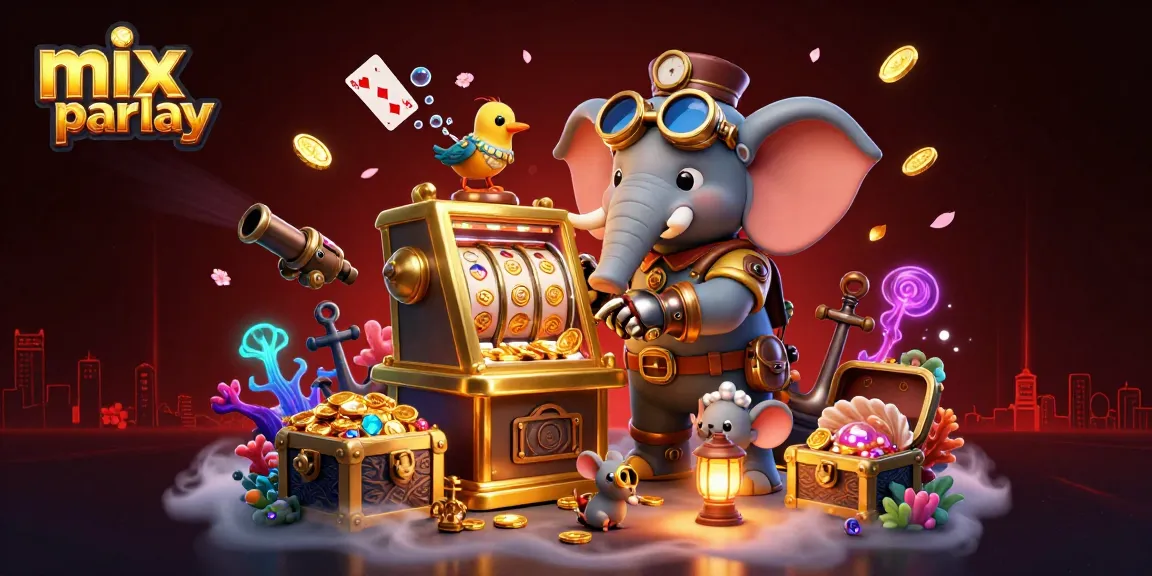 Gambar dadu dan slot mesin dengan aksi mix parlay di ilustrasi casino yang penuh warna.