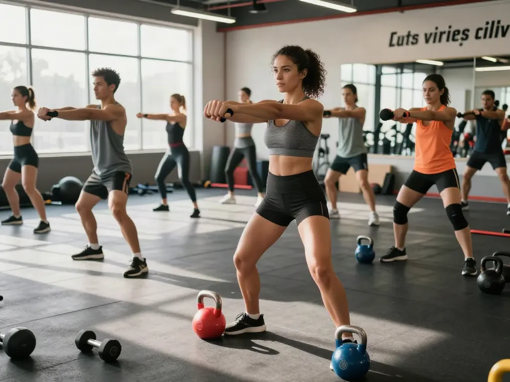 Group workout demonstrating the benefits of TESA/IPA peptide blend in a vibrant gym setting