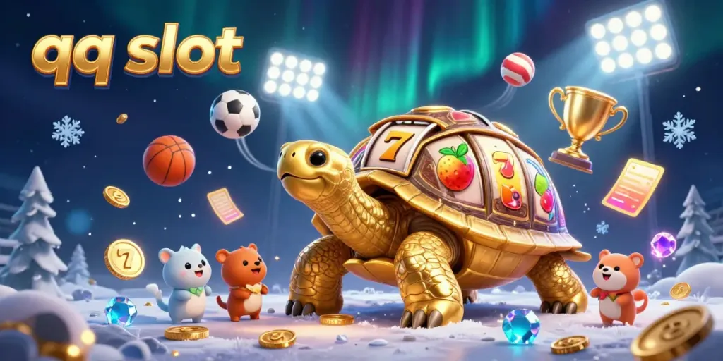Experience the thrill of qq slot with a dynamic illustration featuring a golden tortoise slot machine, exciting characters, and vibrant gaming elements.