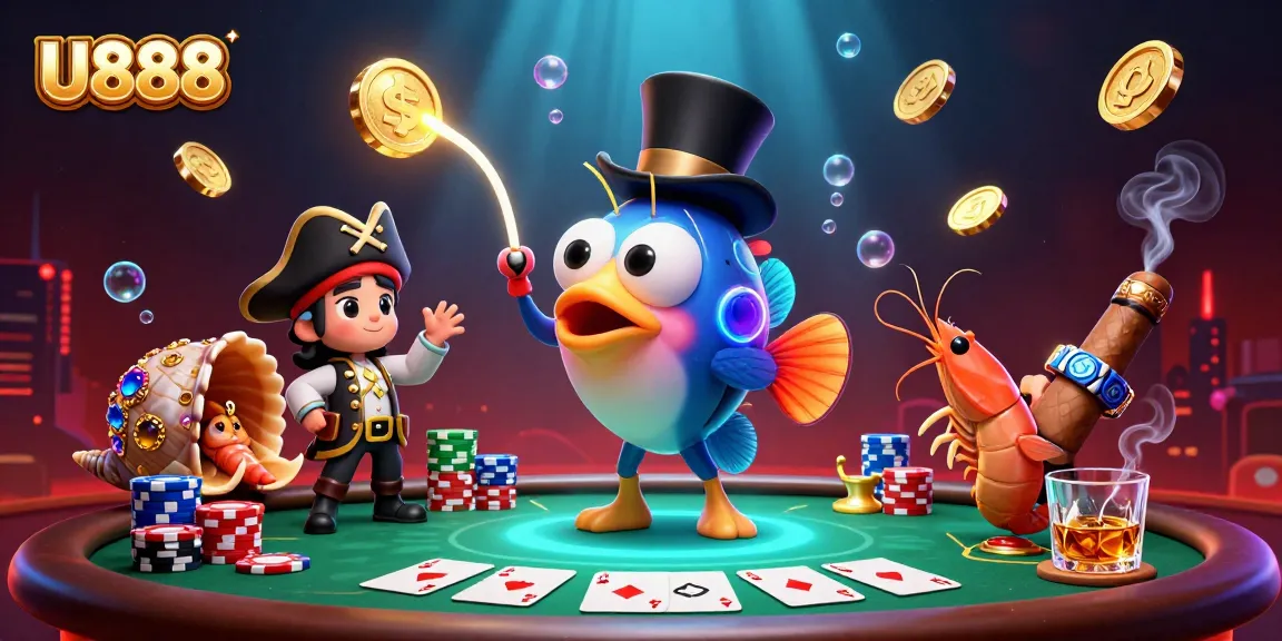 U888's engaging deep-sea casino scene showcasing vibrant characters attracting coins during a lively poker game.