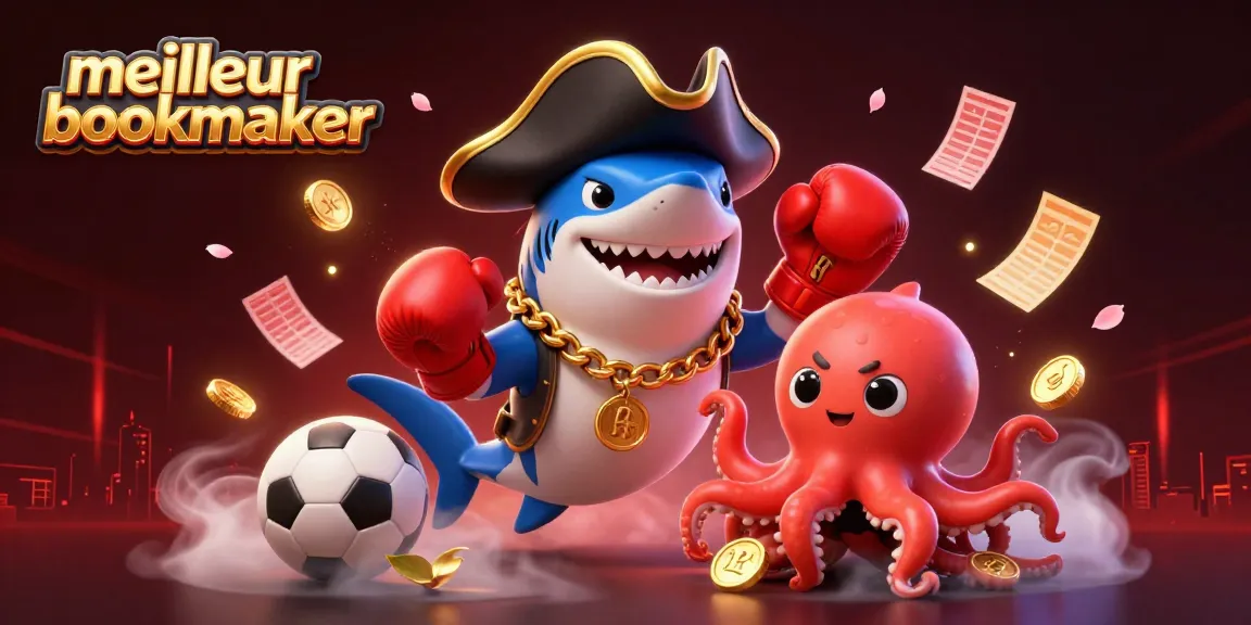Pari sportif avec le meilleur bookmaker : requin pirate, poisson-globe et pieuvre s'illuminent dans un décor vibrant.