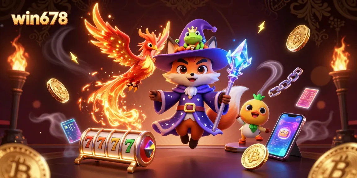 Experience thrilling gambling action with win678, a magical casino scene featuring vibrant slot reels.