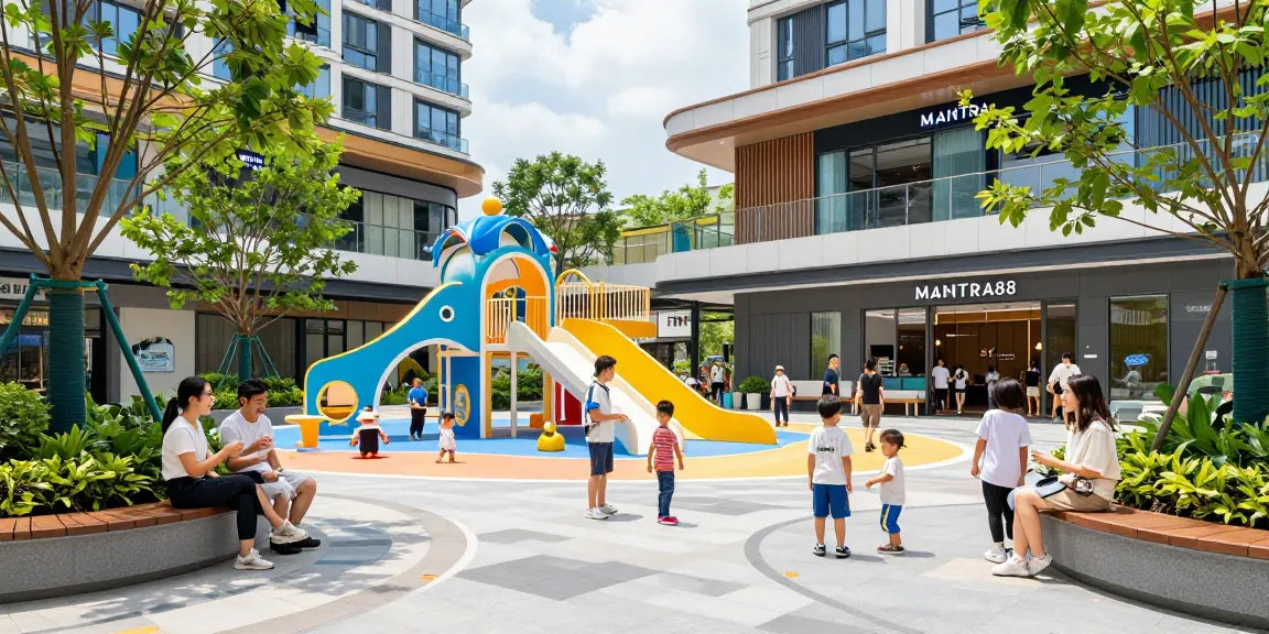 Vibrant scene showcasing MANTRA88 commercial properties and entertainment experiences at www.mgoldproperties.com with families enjoying time together.