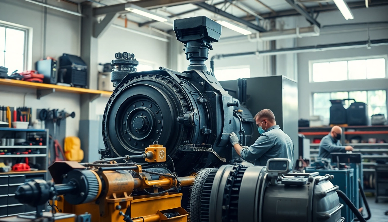Technicians performing equipment service in a well-equipped workshop, highlighting maintenance and repair.