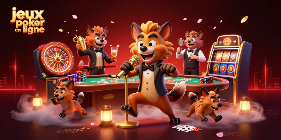 Jeux poker en ligne avec des hyènes animées dans un club de casino, jouant à des jeux de cartes