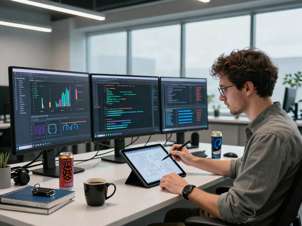 AI Image Detection process in a high-tech lab with a software engineer analyzing algorithms and AI model data.
