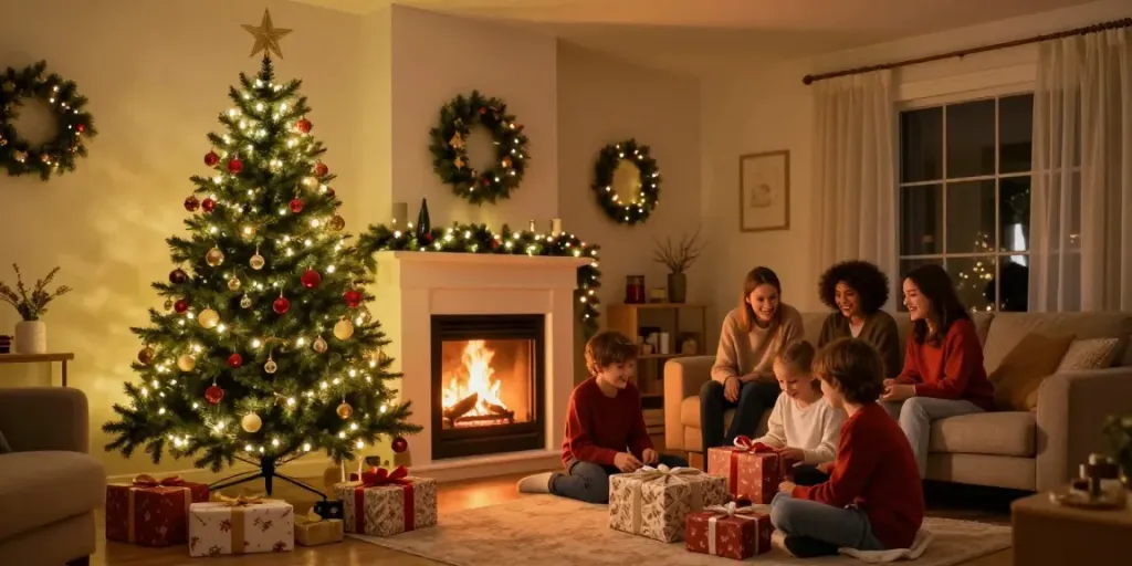 Family enjoying Christmas around a pre-lit pencil slim Christmas tree in a warm, festive living room.