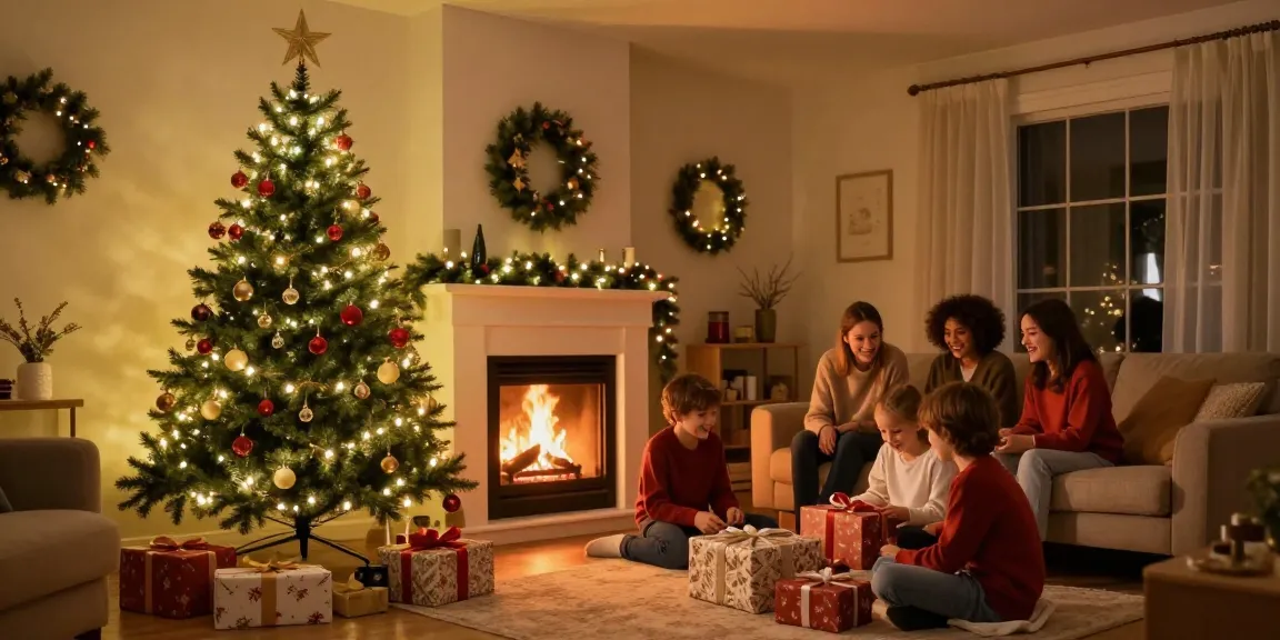 Family enjoying Christmas around a pre-lit pencil slim Christmas tree in a warm, festive living room.