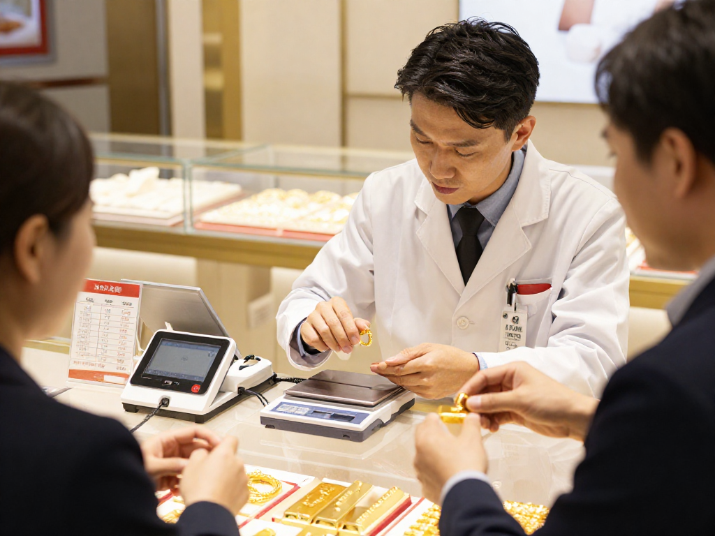 Gold buying consultation at a modern jewelry store with mantra88 login displayed on tablet.