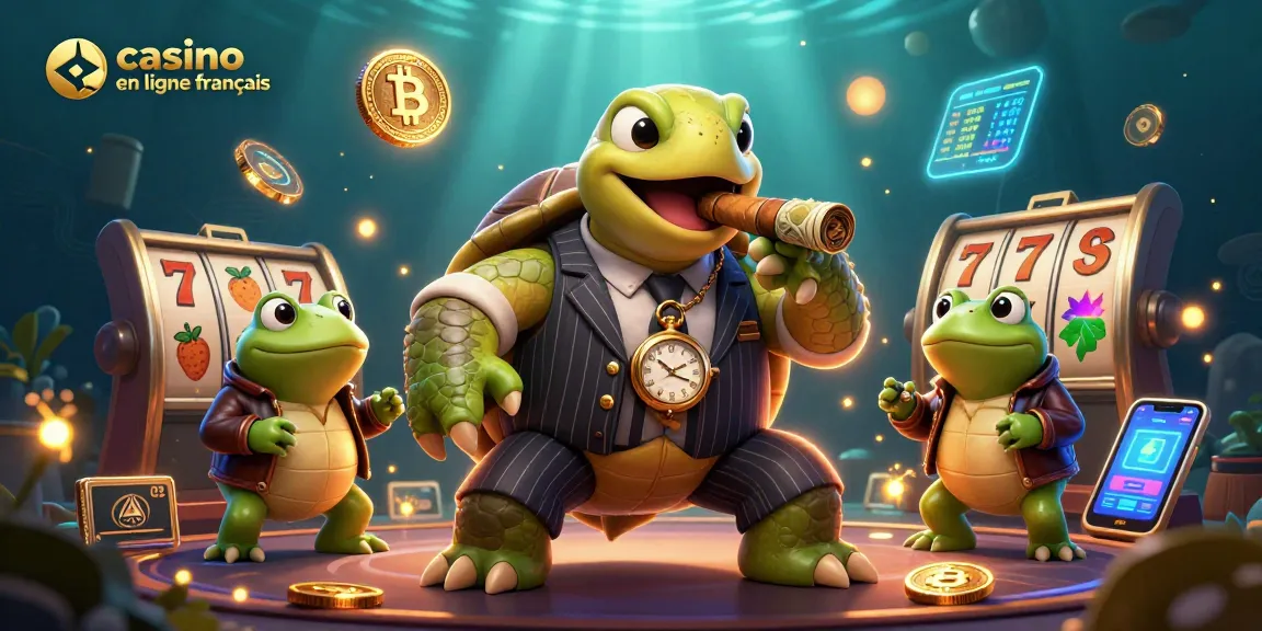 Illustration animée présentant un casino en ligne français, avec une tortue et des grenouilles animées.