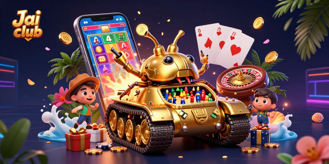 Experience thrilling gameplay with Jai club's vibrant casino-themed 3D illustration featuring a golden beetle tank.