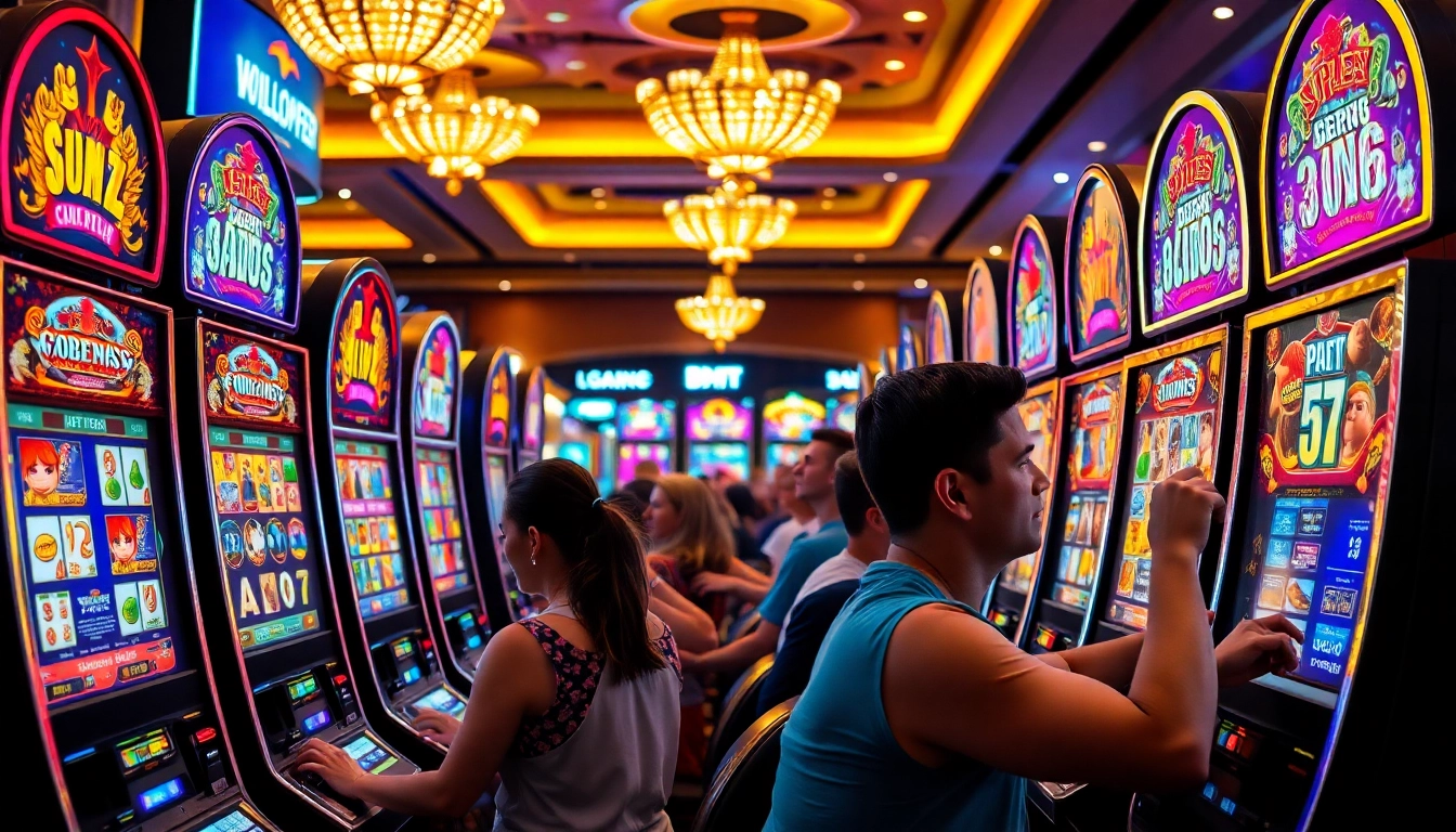 Engage in slot gambling excitement with vibrant machines and players immersed in the action.