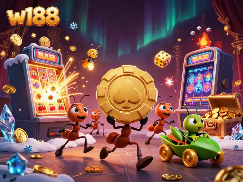 Engage in thrilling w188 adventures with a team of cartoon ants carrying a massive poker chip amidst exploding jackpots and vibrant casino elements.