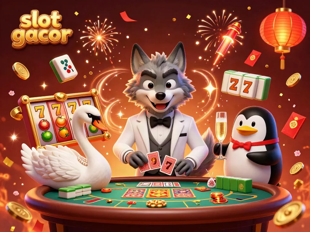 Experience the thrill of slot gacor with a debonair wolf, elegant swan, and penguin serving champagne.