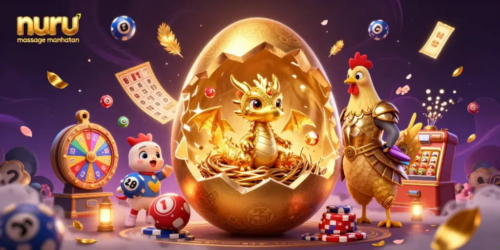 Nuru massage Manhattan showcased through a vibrant gambling-themed illustration with a golden dragon amid dynamic casino elements.
