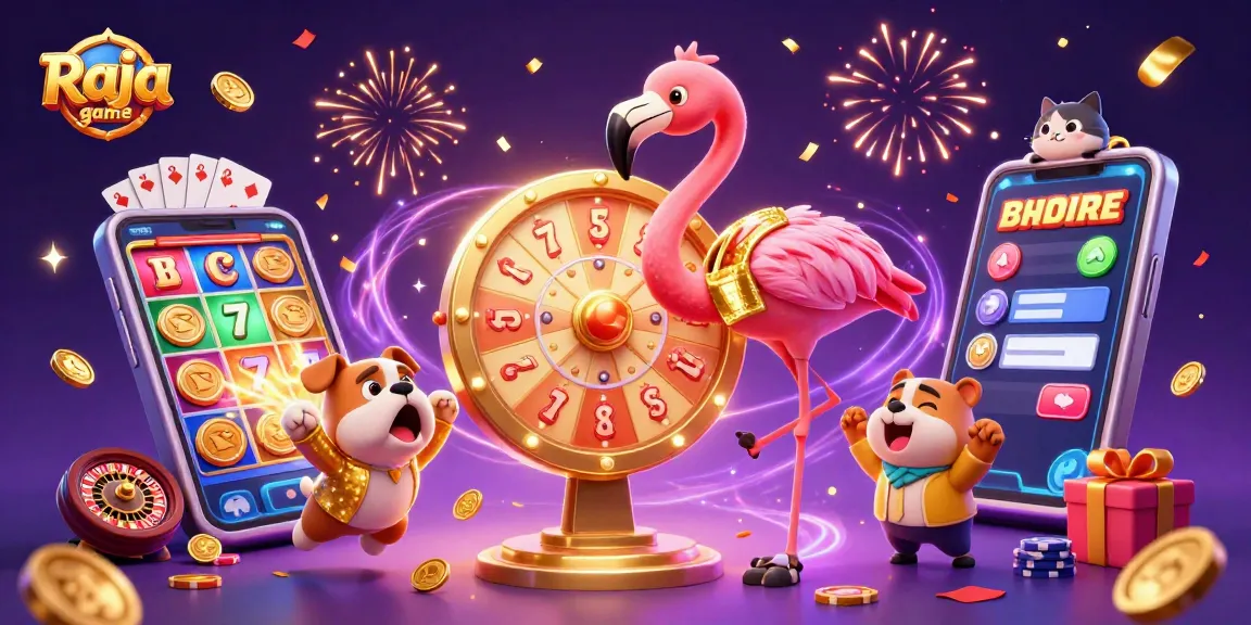 Engage with Raja game as a flamingo host spins a prize wheel surrounded by vibrant casino elements.