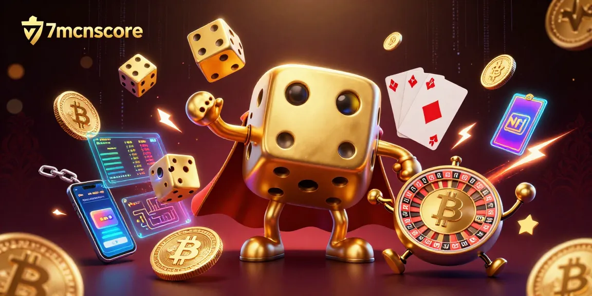 Engage with 7mcnscore's thrilling crypto casino experience featuring vibrant dice and neon elements.