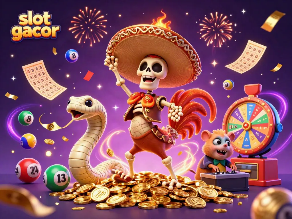 Experience the excitement of slot gacor with lively characters dancing among colorful casino elements.