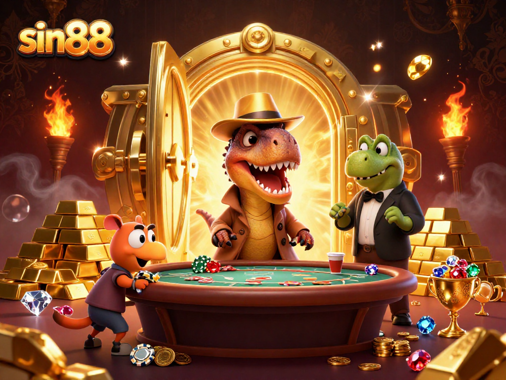 Experience thrilling gameplay at sin88 with a velociraptor card counter and vibrant casino elements.