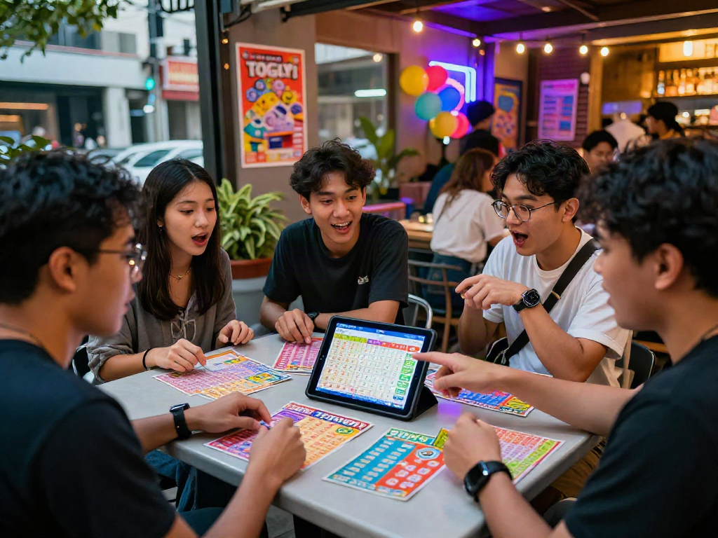 Excited friends celebrating a toto togel gaming night with lottery tickets and lively discussions.