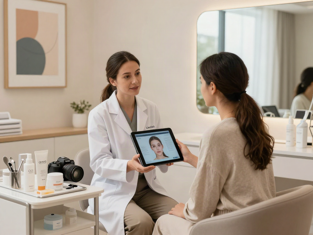 Consultation scene illustrating how ClinicEvo is cheaper than QOVES, featuring a patient with an expert analyzing facial aesthetics.