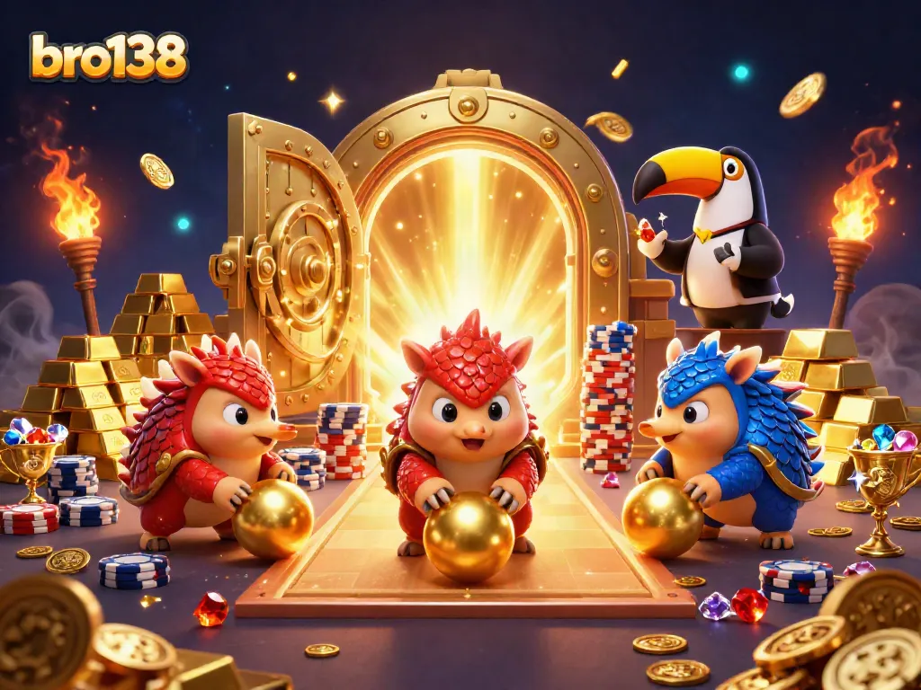 Engage in thrilling gameplay at bro138 with vibrant pangolins rolling through gold and poker chips.
