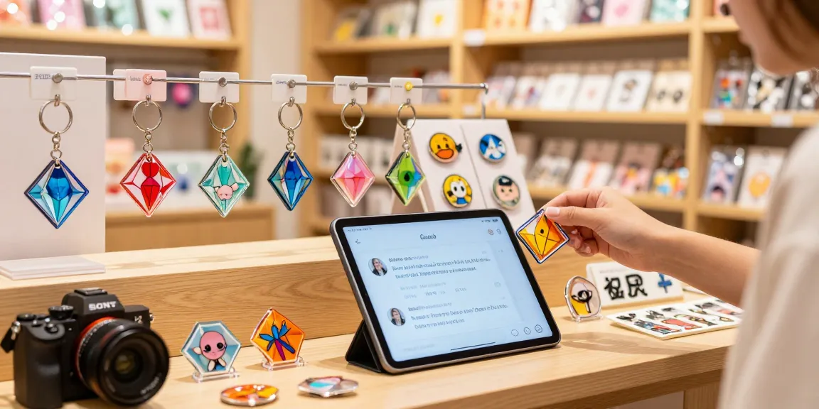 Custom Acrylic Diamond Keychain selections in a vibrant shopping setting, showcasing unique designs and user interaction.