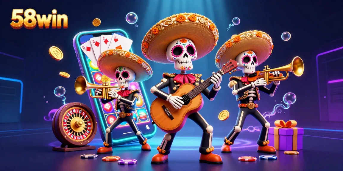 Spin the reels at 58win with vibrant mariachis and bursting gold coins in a rich 3D scene.