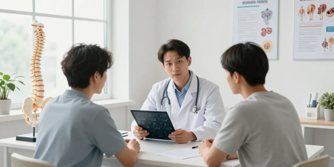 Discussion on boyun fıtığı ameliyatı with surgeon and patient in a medical setting.