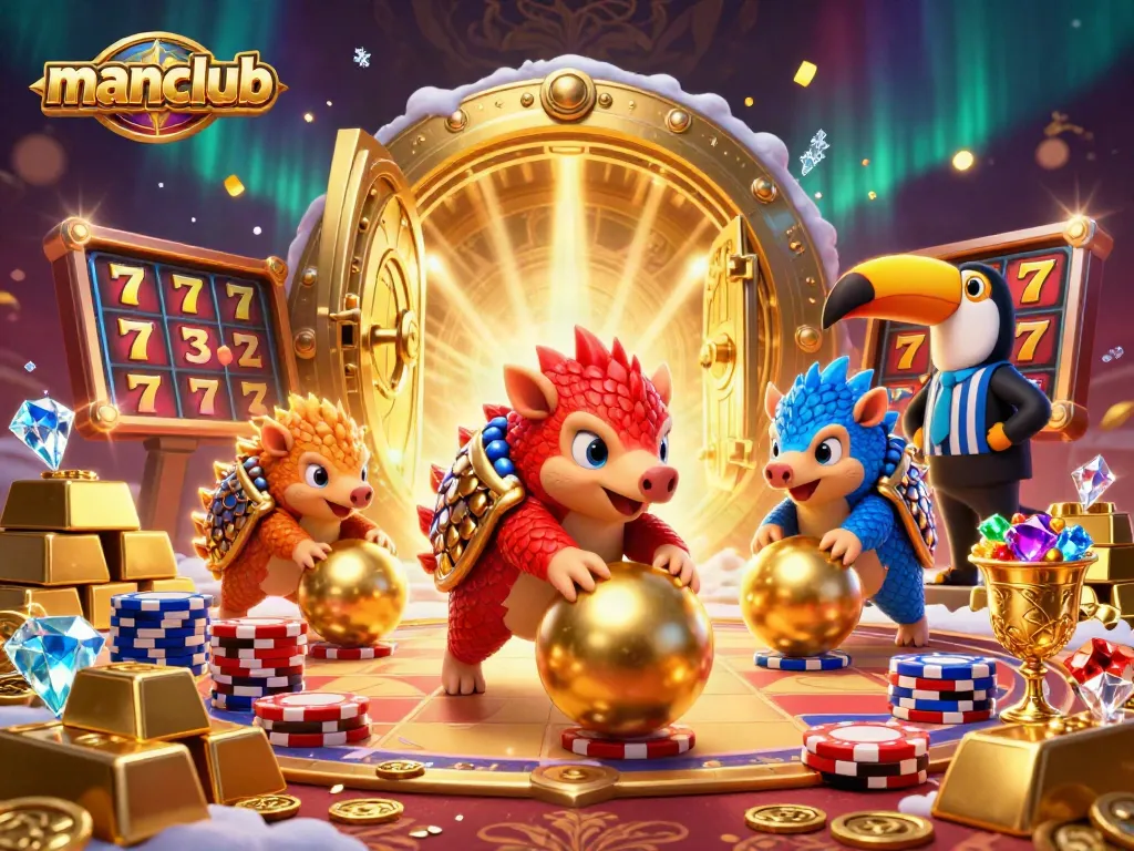 Experience exciting gambling with manclub's lively illustration featuring pangolins and dazzling treasures.