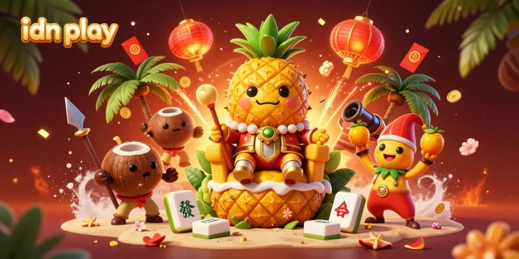 Engage with the vibrant idn play casino universe featuring a golden pineapple king, dynamic game elements, and tropical scenes.
