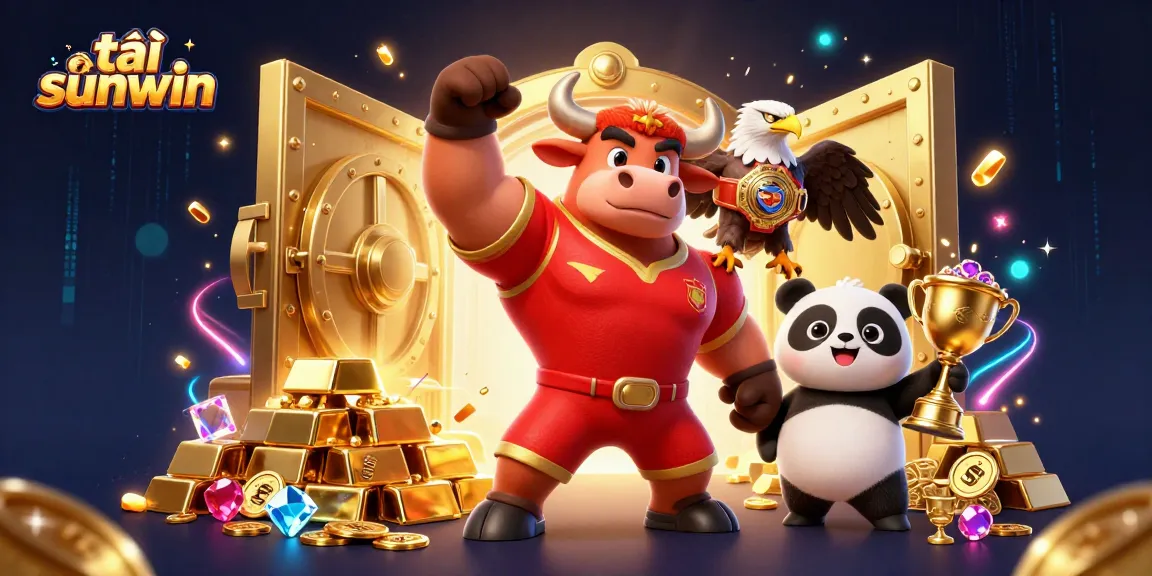 Experience the thrill of tải sunwin with a muscular mascot, eagle, and panda amidst treasure and excitement!