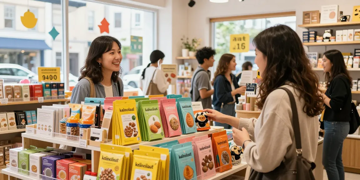 Engaging shopping experience with kelincilaut products on display in a vibrant retail environment.