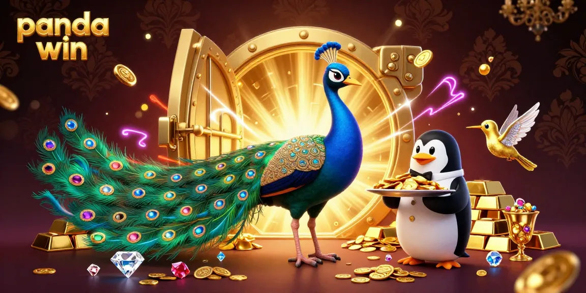 Experience panda win with lively casino-themed illustration featuring a peacock, a penguin, and a hummingbird surrounded by gold.