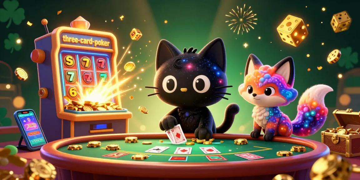 Engage in thrilling three-card-poker action with a cosmic casino illustration featuring charming characters.