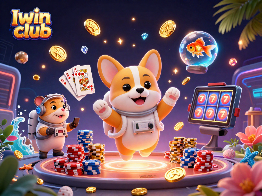 Iwin club showcases a vibrant space casino scene with an astronaut corgi and dynamic gaming elements.