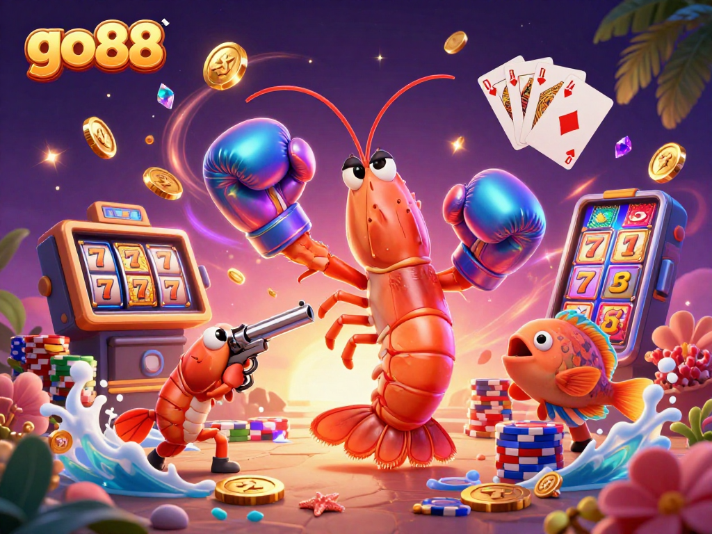 Experience go88's excitement with a vibrant casino scene featuring animated sea creatures and gambling elements.