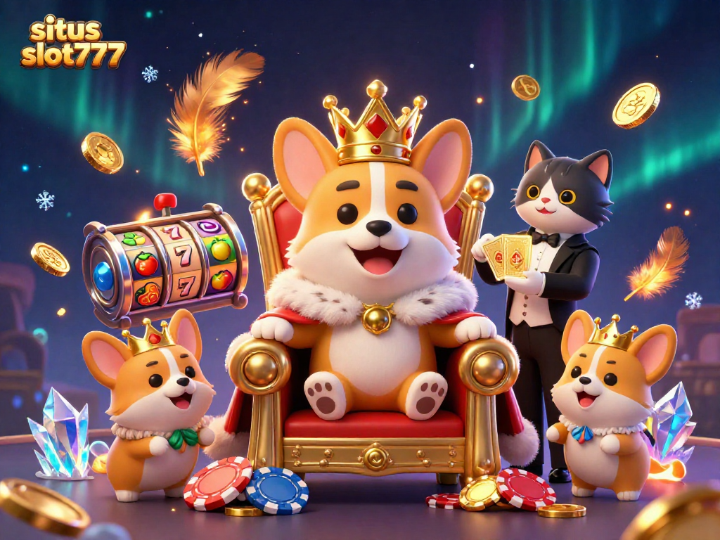 Situs slot777 offers thrilling gaming experiences, showcasing a royal corgi amidst vibrant slot games.
